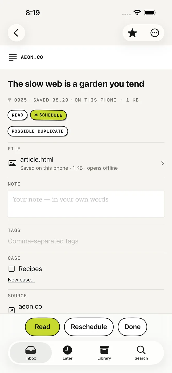 A saved item's detail page, showing the accession line, intent and schedule stickers, the stored file with its size, a note field, tags, case and source.