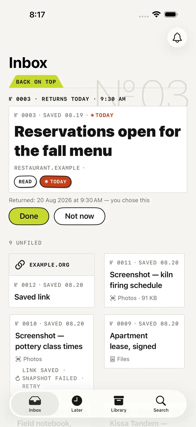 The Laytr Inbox. A returned item is staged at the top under a BACK ON TOP tab, with the line RETURNS TODAY 9:30 AM, above a grid of saved cards.