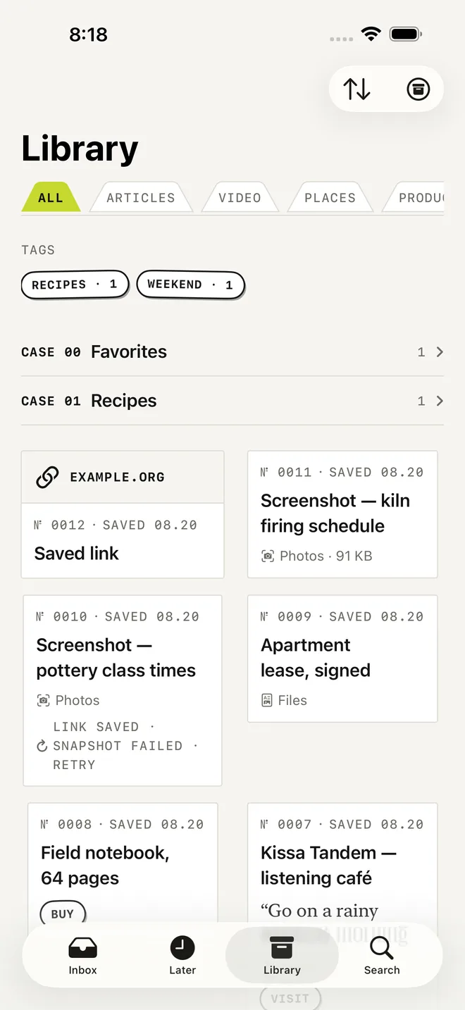 The Laytr Library: filter tabs across the top, tag chips with live counts, numbered cases, and a grid of saved cards of different kinds.