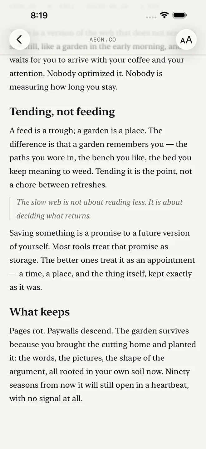 The Laytr reader showing a saved article as clean serif text with headings and a pull quote, with a text size control in the top bar.