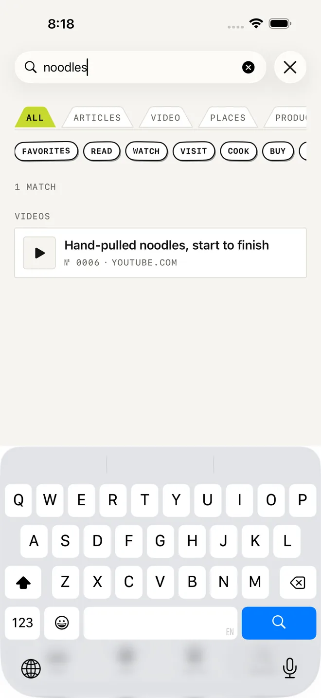 Laytr search for the word noodles, showing kind and intent filter chips and one matching saved video result.